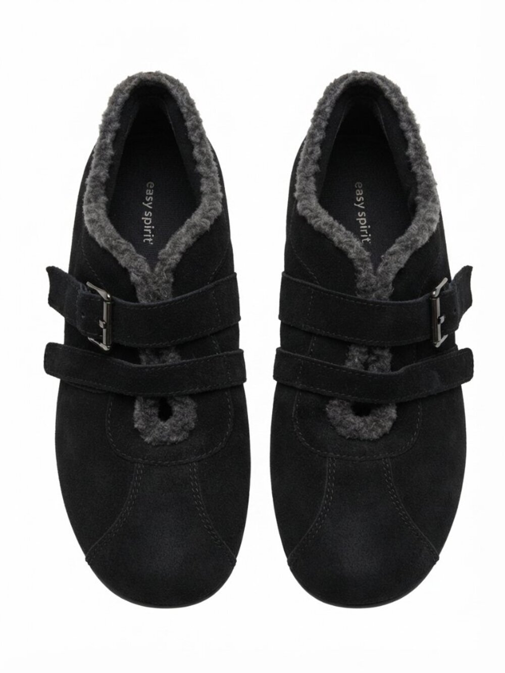 Easy Spirit Black Suede Slippers with Faux shearling lining